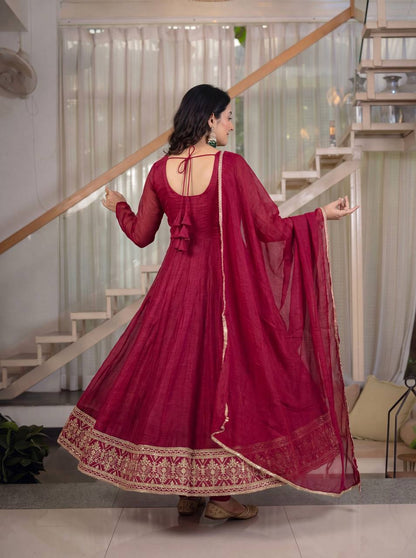 Women's Maroon Anarkali Suit with Dupatta – Elegant Embroidered Ethnic Wear