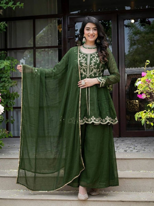 Women's Royal Heavy Crunchy Silk Palazzo Suit | Embroidered Ethnic Set with Fancy Dupatta | Wedding Special