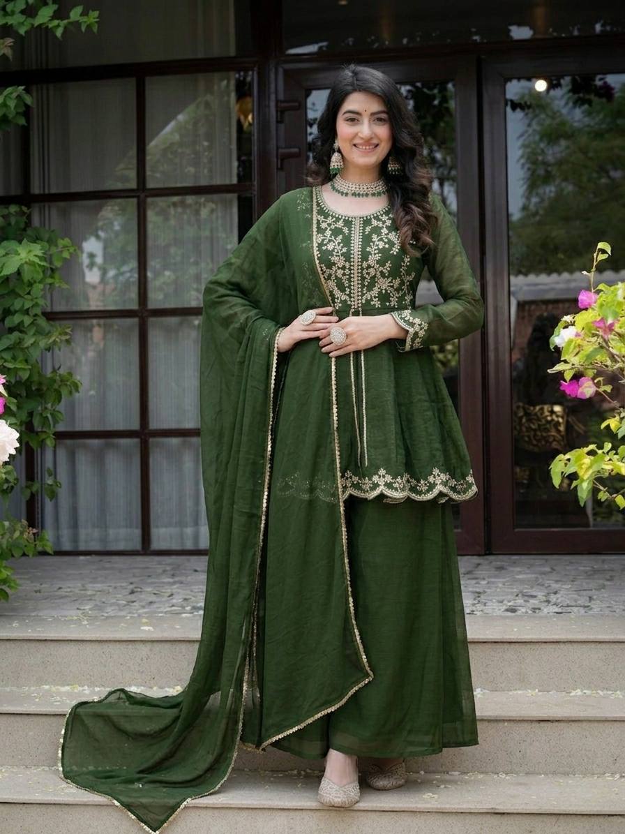 Women's Royal Heavy Crunchy Silk Palazzo Suit | Embroidered Ethnic Set with Fancy Dupatta | Wedding Special