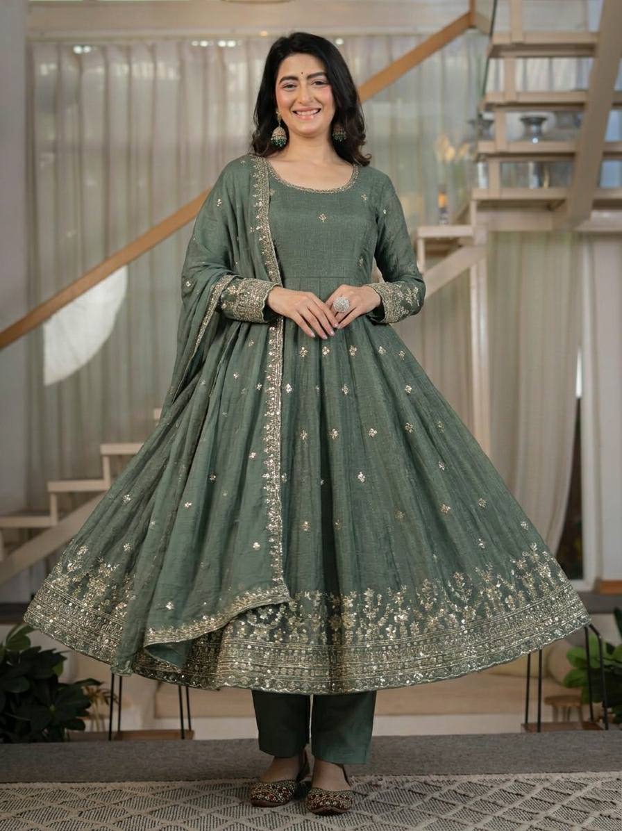Heavy Crunchy Silk Anarkali Suit Set with Dupatta | Designer Wedding & Festive Wear for Women