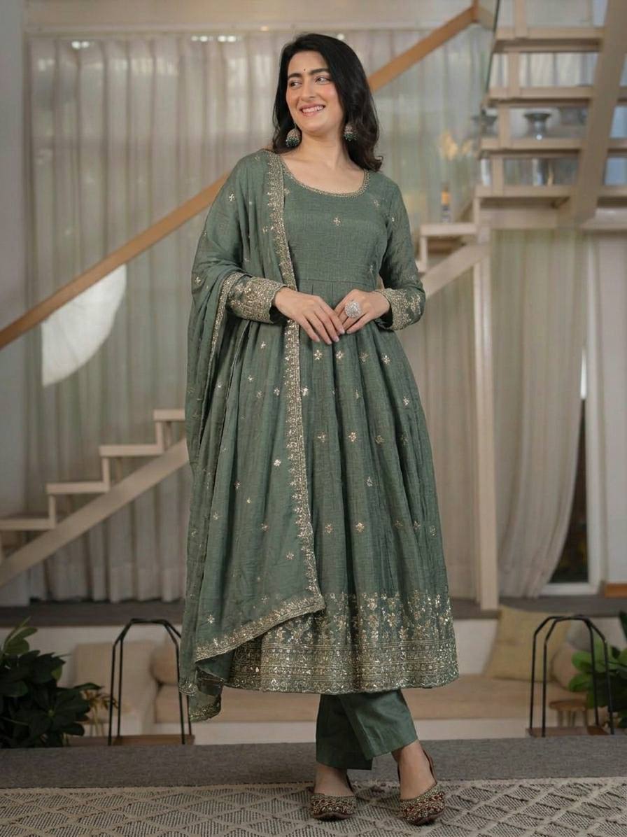 Heavy Crunchy Silk Anarkali Suit Set with Dupatta | Designer Wedding & Festive Wear for Women