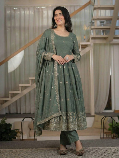 Heavy Crunchy Silk Anarkali Suit Set with Dupatta | Designer Wedding & Festive Wear for Women