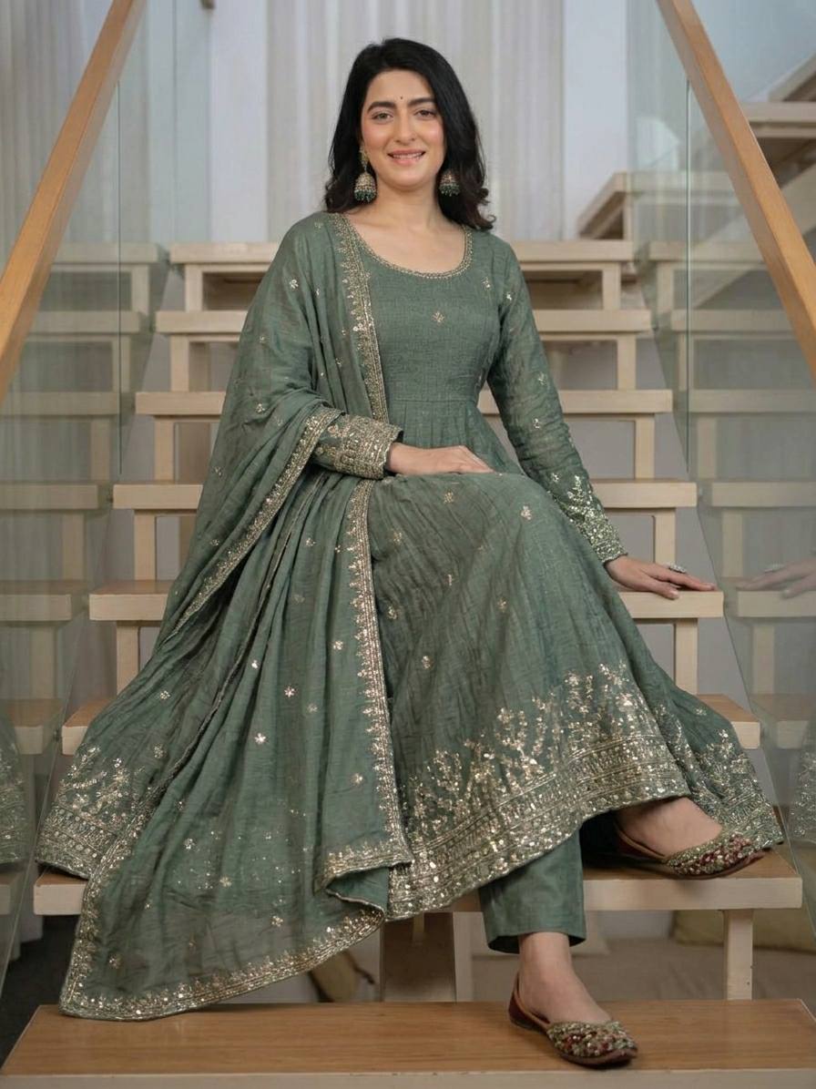Heavy Crunchy Silk Anarkali Suit Set with Dupatta | Designer Wedding & Festive Wear for Women