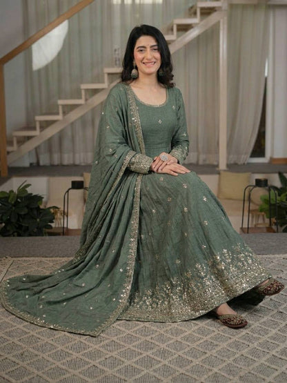 Heavy Crunchy Silk Anarkali Suit Set with Dupatta | Designer Wedding & Festive Wear for Women