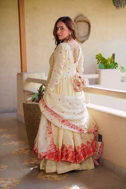 Royal Pure Cosmos Silk Anarkali Sharara Suit Set | Thread Embroidery | Traditional Wedding & Festive Wear