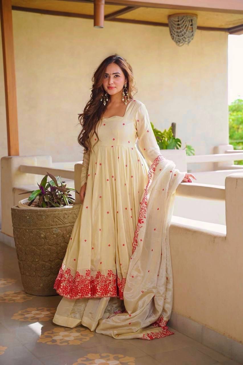 Royal Pure Cosmos Silk Anarkali Sharara Suit Set | Thread Embroidery | Traditional Wedding & Festive Wear