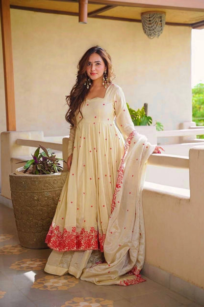 Royal Pure Cosmos Silk Anarkali Sharara Suit Set | Thread Embroidery | Traditional Wedding & Festive Wear