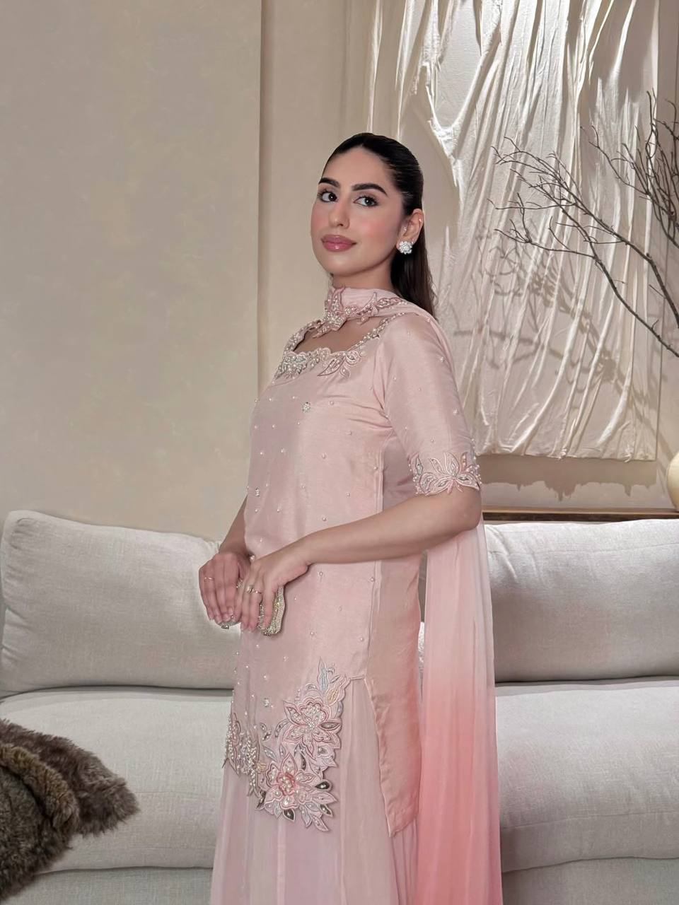 Heavy Roman Glass Silk Sharara Suit Set with Chiffon Dupatta | Designer Wedding & Festive Wear
