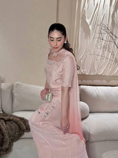 Heavy Roman Glass Silk Sharara Suit Set with Chiffon Dupatta | Designer Wedding & Festive Wear
