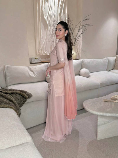 Heavy Roman Glass Silk Sharara Suit Set with Chiffon Dupatta | Designer Wedding & Festive Wear
