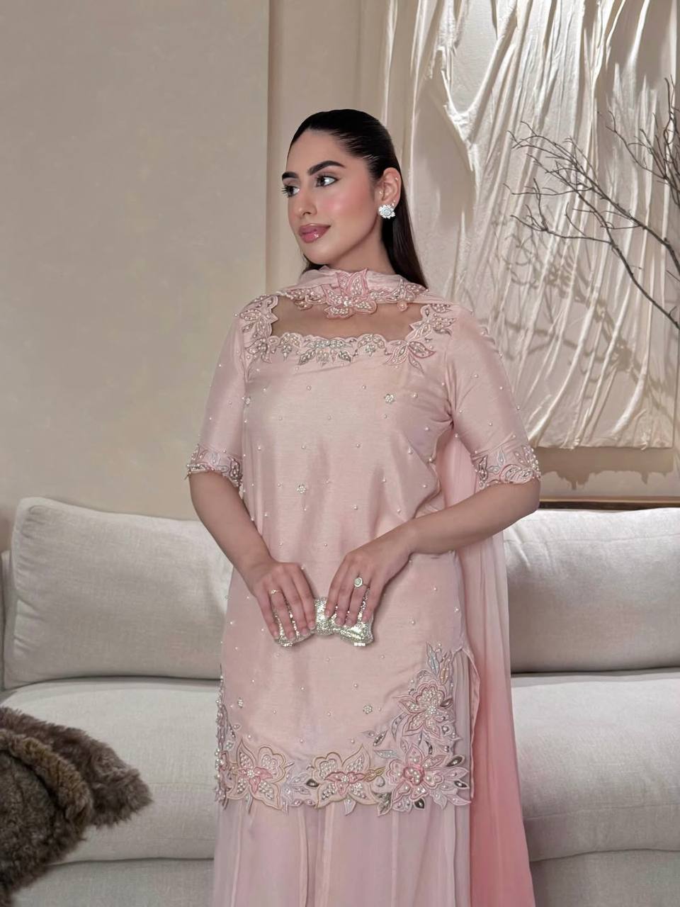 Heavy Roman Glass Silk Sharara Suit Set with Chiffon Dupatta | Designer Wedding & Festive Wear