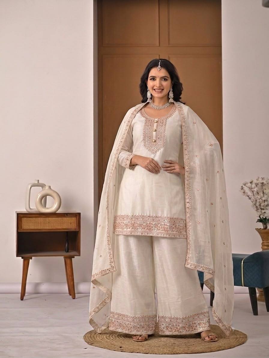 Heavy Crunchy Silk Designer Palazzo Suit with Dupatta | Traditional Wedding, Festive & Party Wear