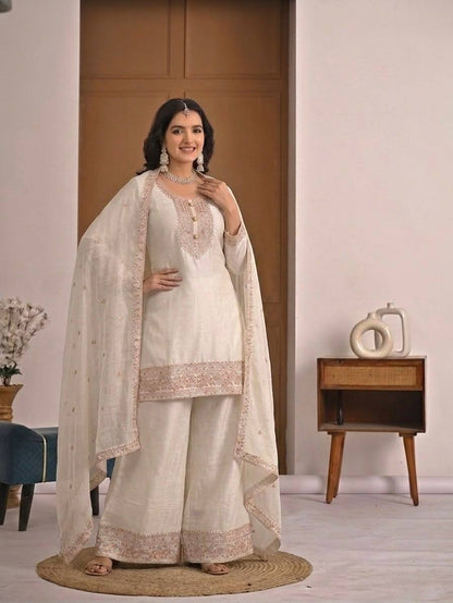 Heavy Crunchy Silk Designer Palazzo Suit with Dupatta | Traditional Wedding, Festive & Party Wear