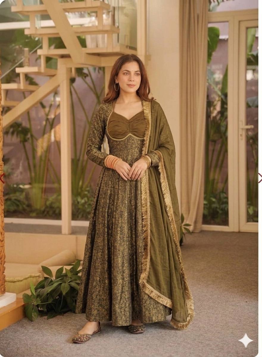 Heavy Floral Brocade Jacquard Anarkali Suit Set with Dupatta | Designer Wedding & Festive Wear