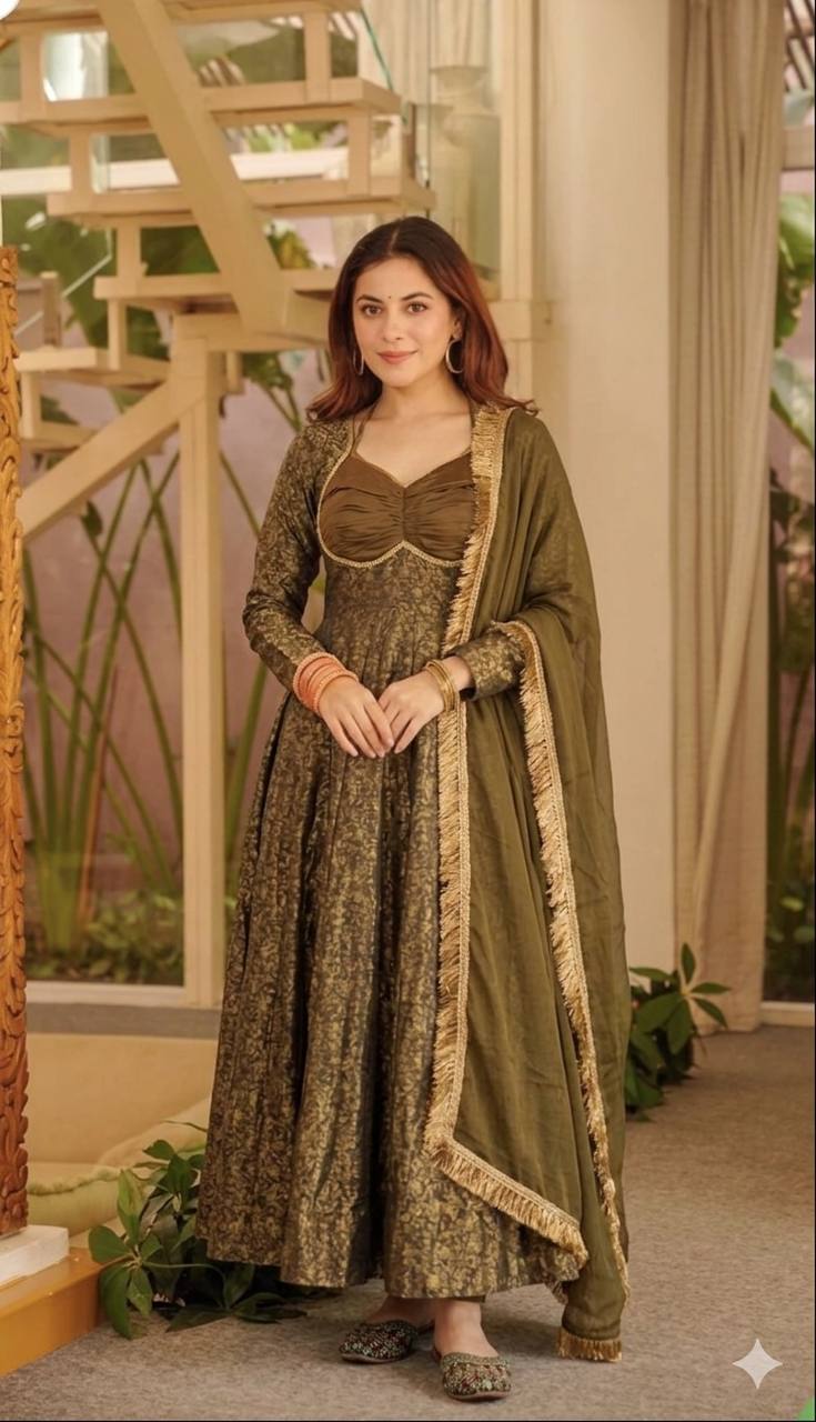 Heavy Floral Brocade Jacquard Anarkali Suit Set with Dupatta | Designer Wedding & Festive Wear