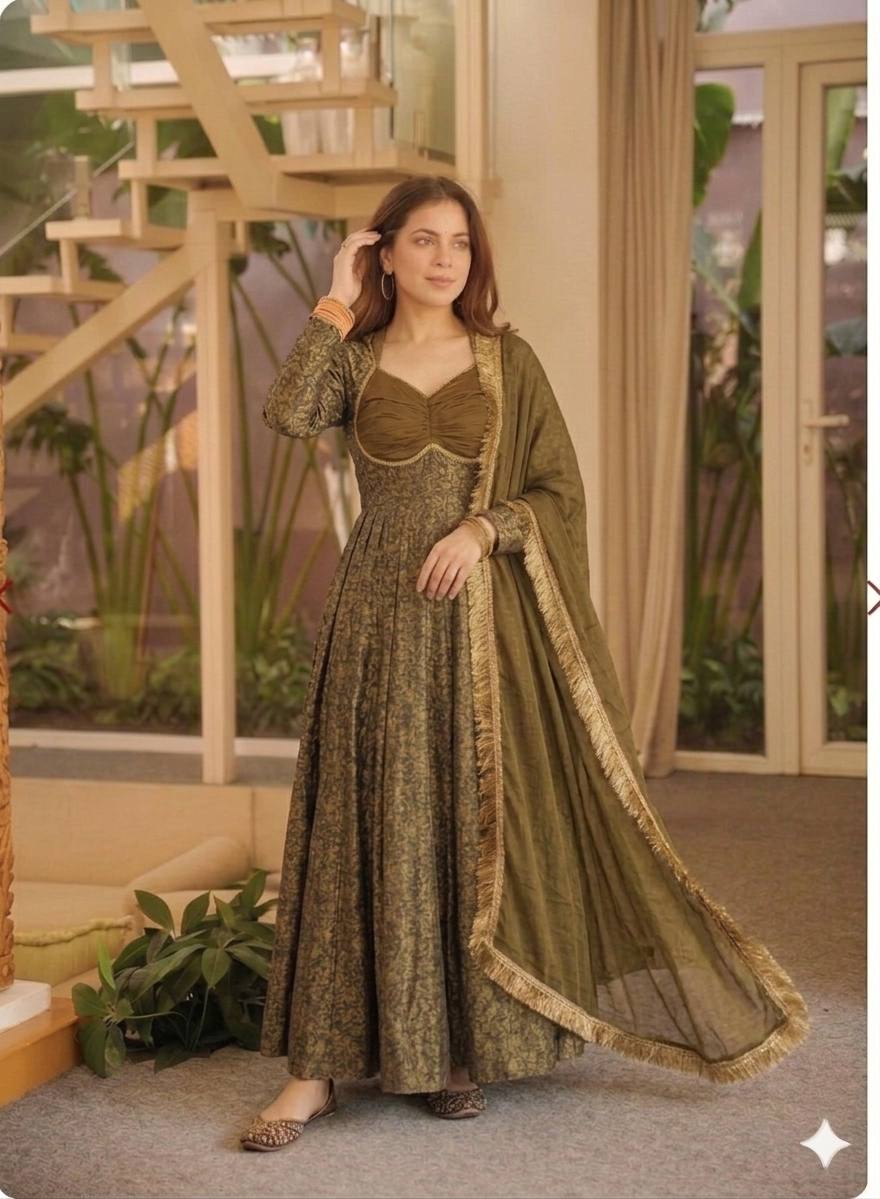 Heavy Floral Brocade Jacquard Anarkali Suit Set with Dupatta | Designer Wedding & Festive Wear