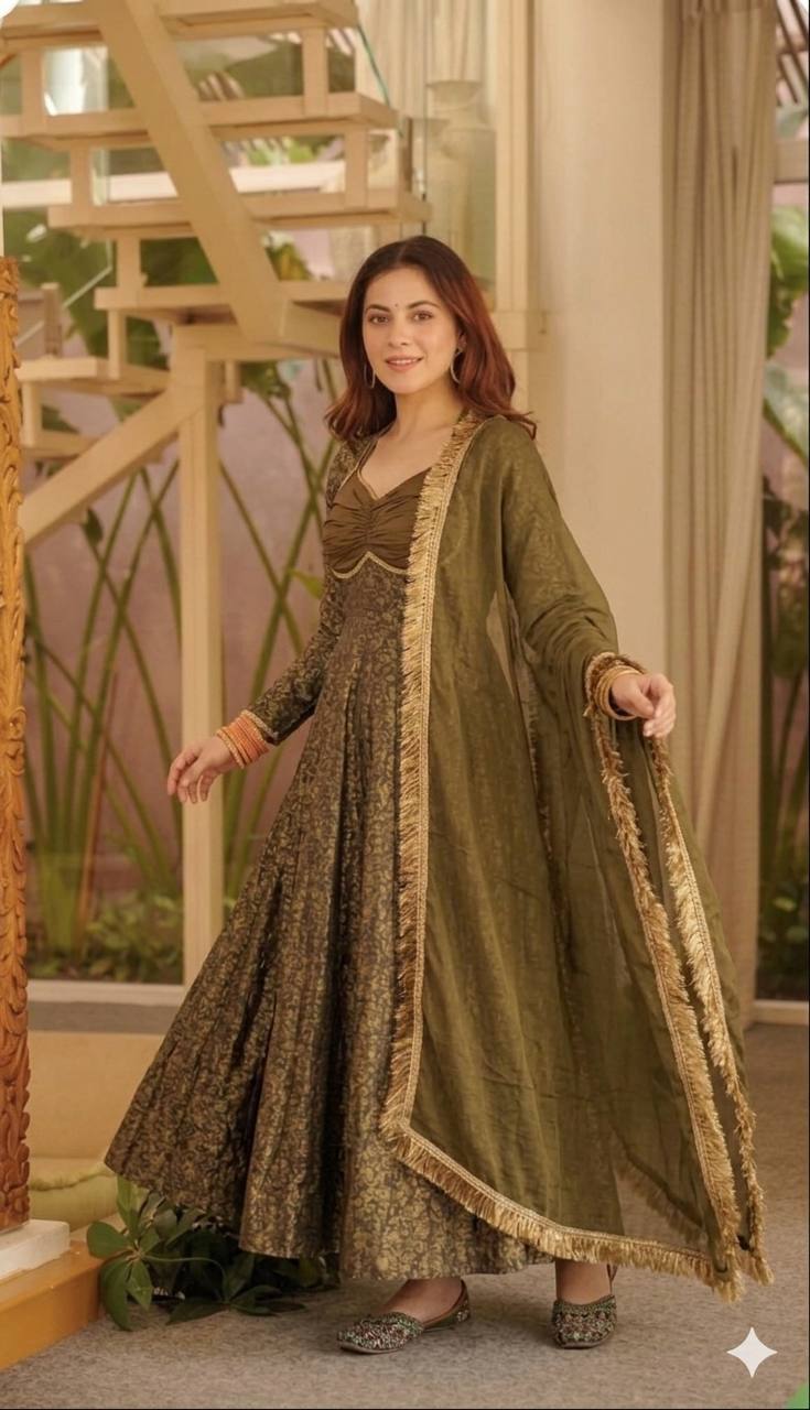 Heavy Floral Brocade Jacquard Anarkali Suit Set with Dupatta | Designer Wedding & Festive Wear