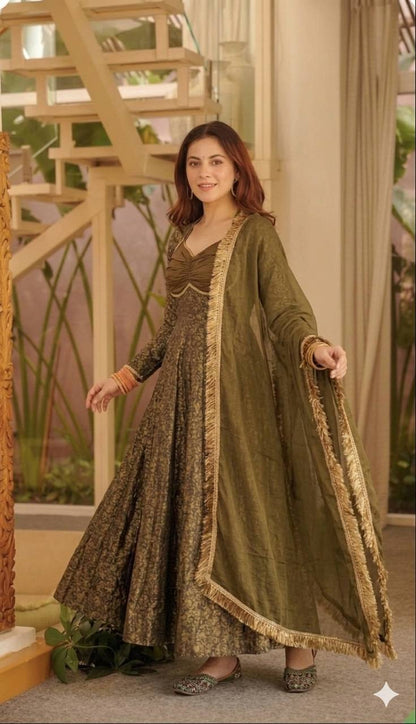 Heavy Floral Brocade Jacquard Anarkali Suit Set with Dupatta | Designer Wedding & Festive Wear