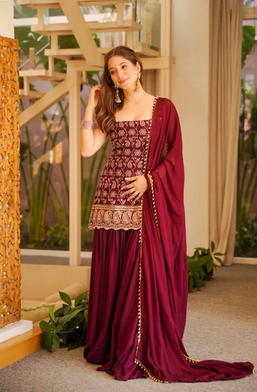 Heavy Blooming Faux Georgette Palazzo Suit Set with Dupatta | Designer Wedding & Festive Wear