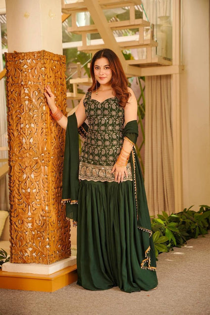 Heavy Blooming Faux Georgette Palazzo Suit Set with Dupatta | Designer Wedding & Festive Wear