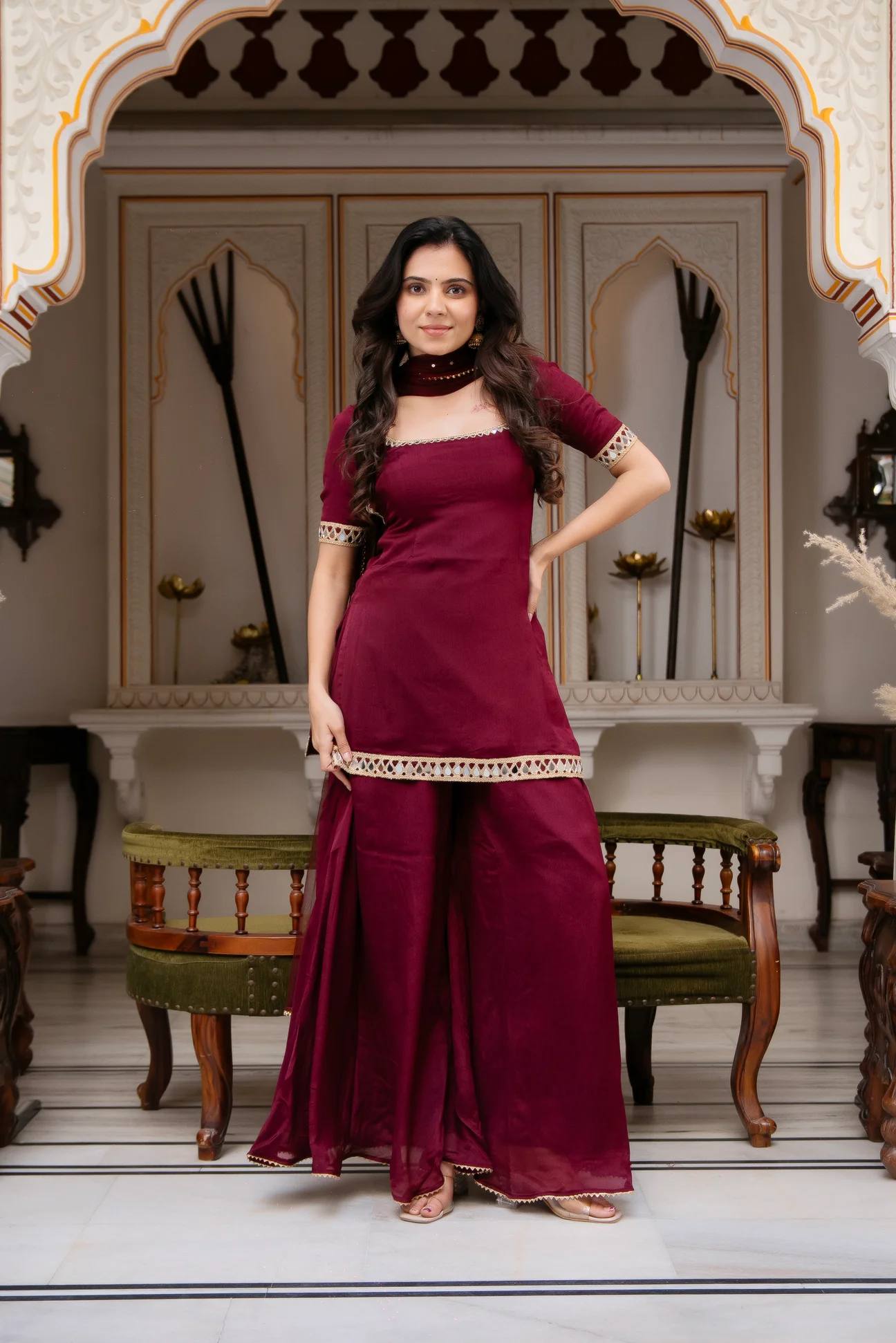 Women's Faux Georgette Kurti Palazzo Set | Real Mirror Work | Party & Festive Wear