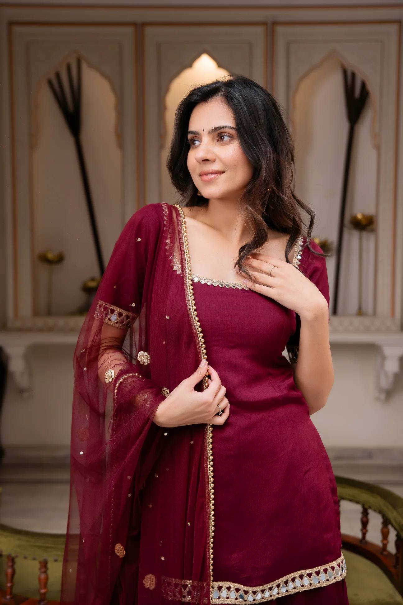 Women's Faux Georgette Kurti Palazzo Set | Real Mirror Work | Party & Festive Wear