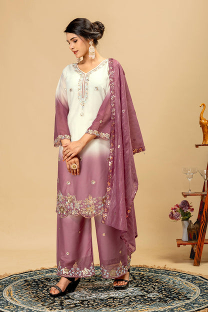 Wedding & Festive Wear Georgette Kurti Palazzo Set with Embroidered Zari Dupatta