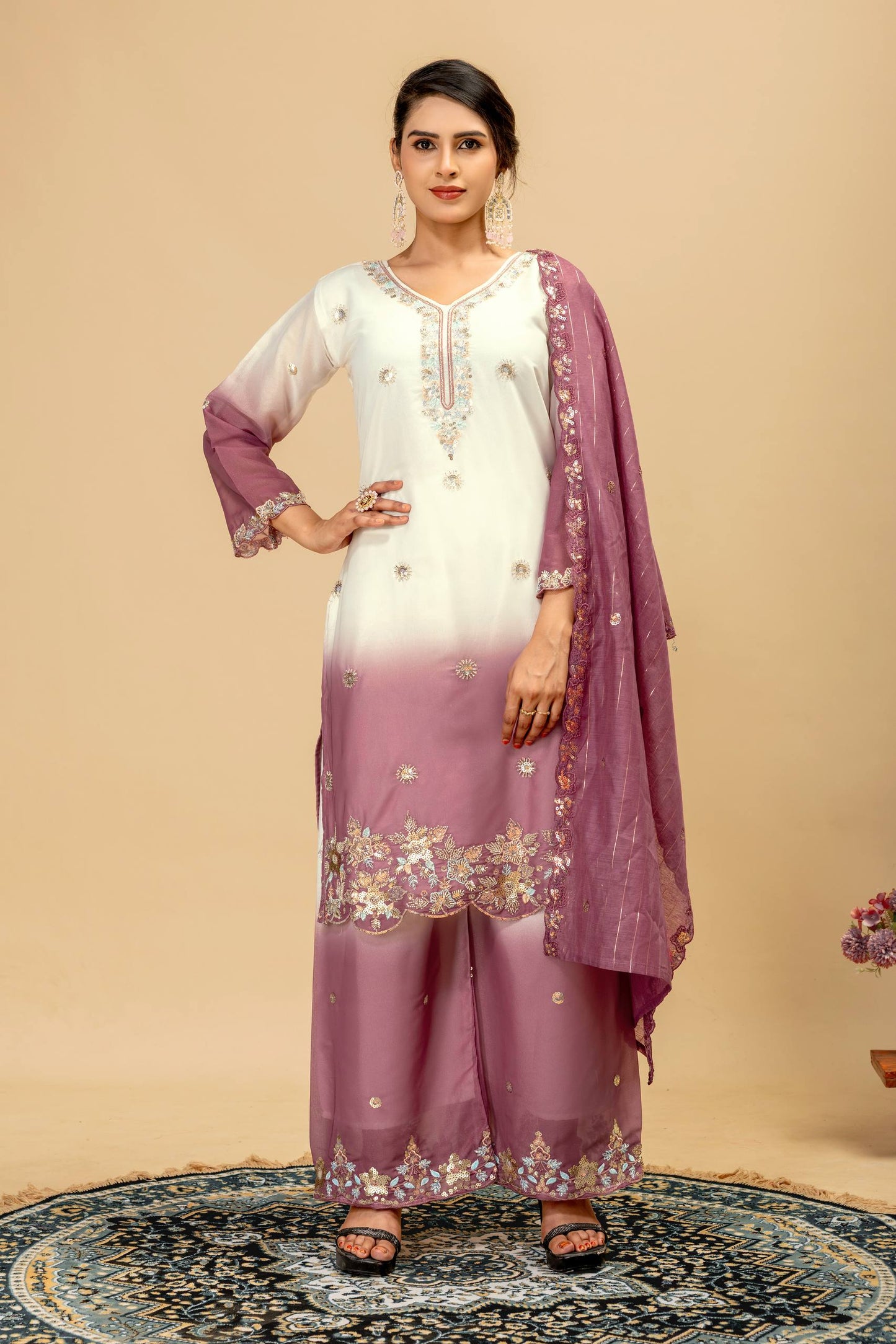 Wedding & Festive Wear Georgette Kurti Palazzo Set with Embroidered Zari Dupatta