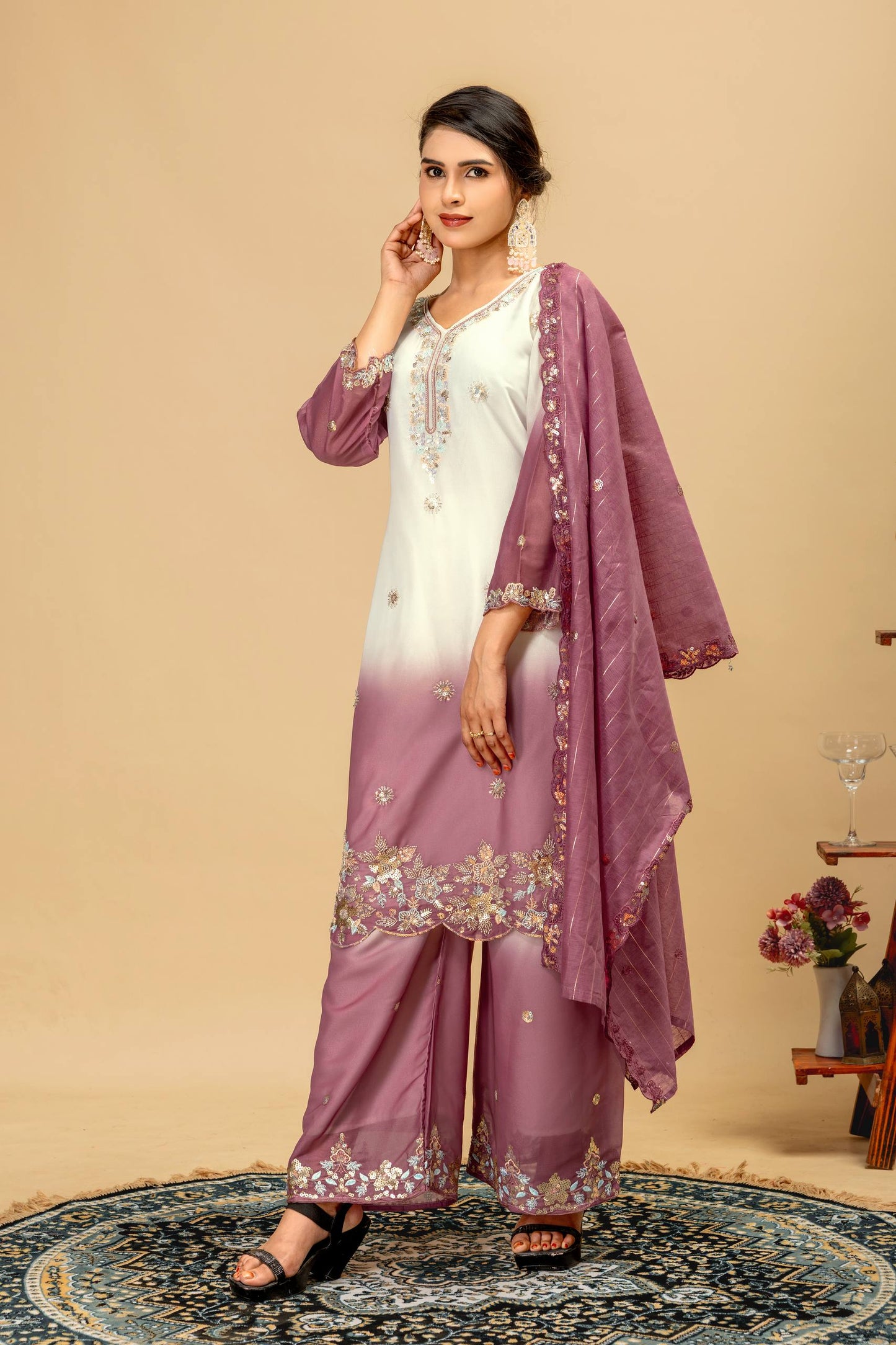 Wedding & Festive Wear Georgette Kurti Palazzo Set with Embroidered Zari Dupatta