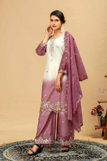 Wedding & Festive Wear Georgette Kurti Palazzo Set with Embroidered Zari Dupatta