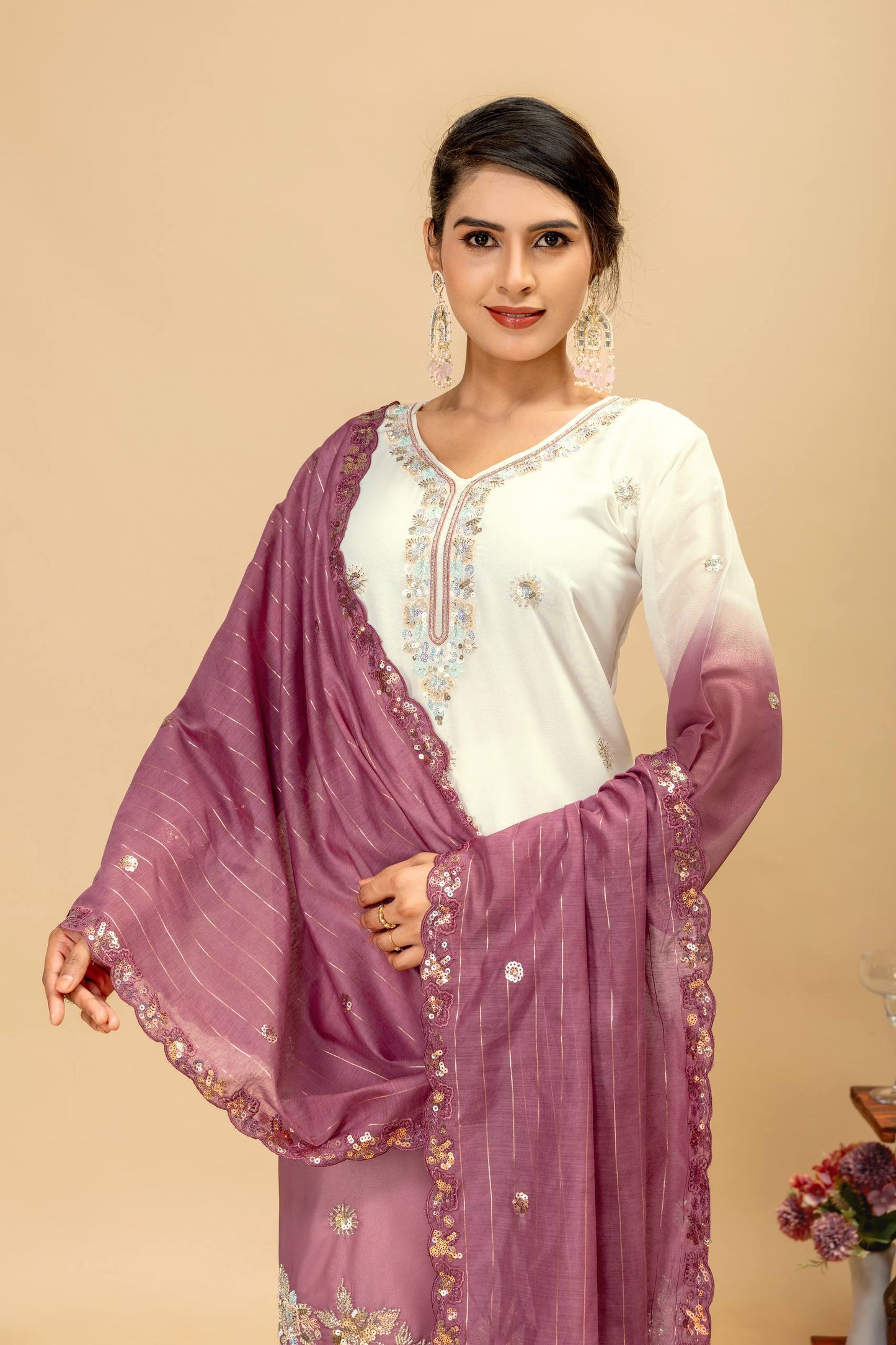 Wedding & Festive Wear Georgette Kurti Palazzo Set with Embroidered Zari Dupatta