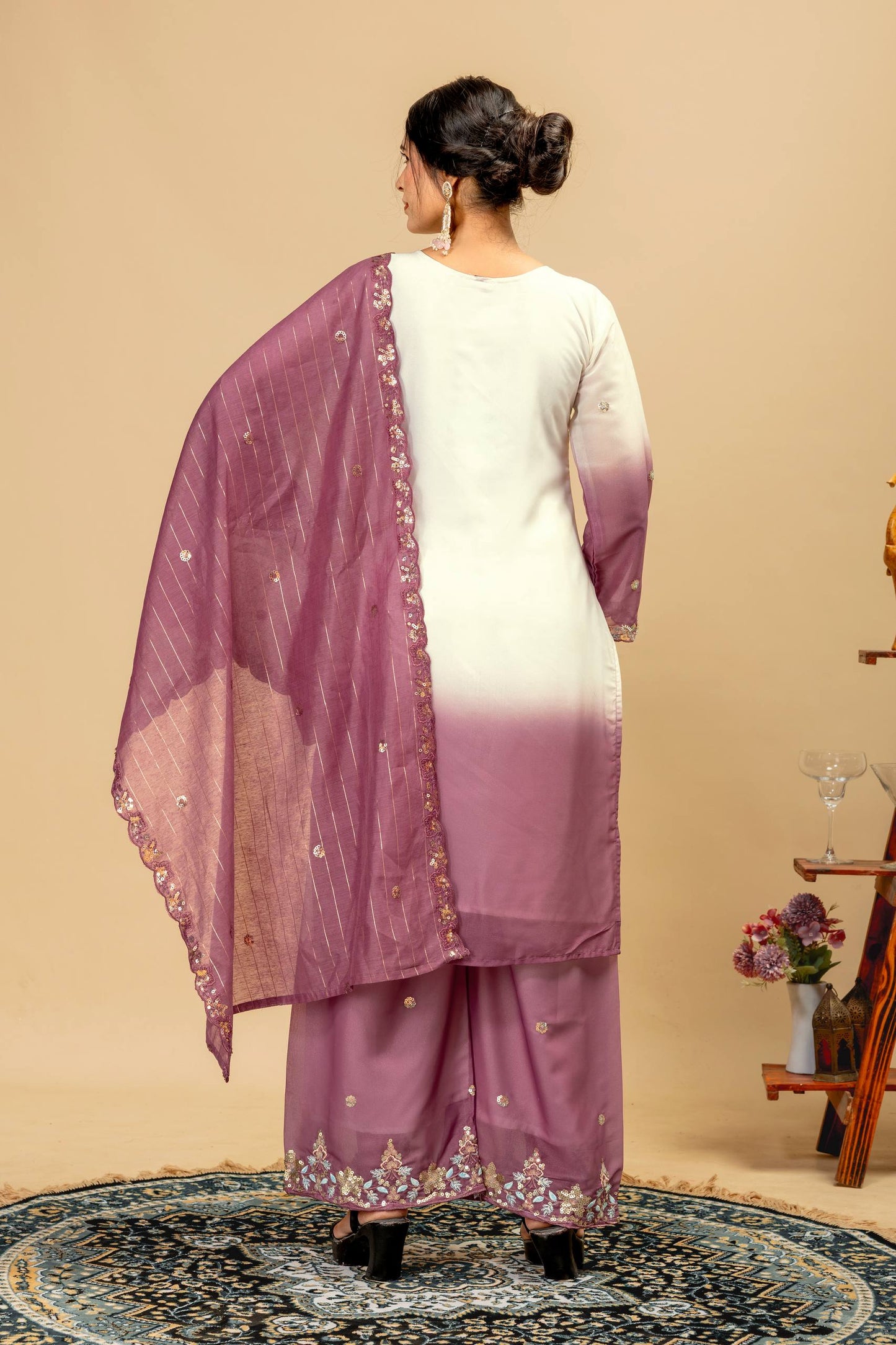 Wedding & Festive Wear Georgette Kurti Palazzo Set with Embroidered Zari Dupatta