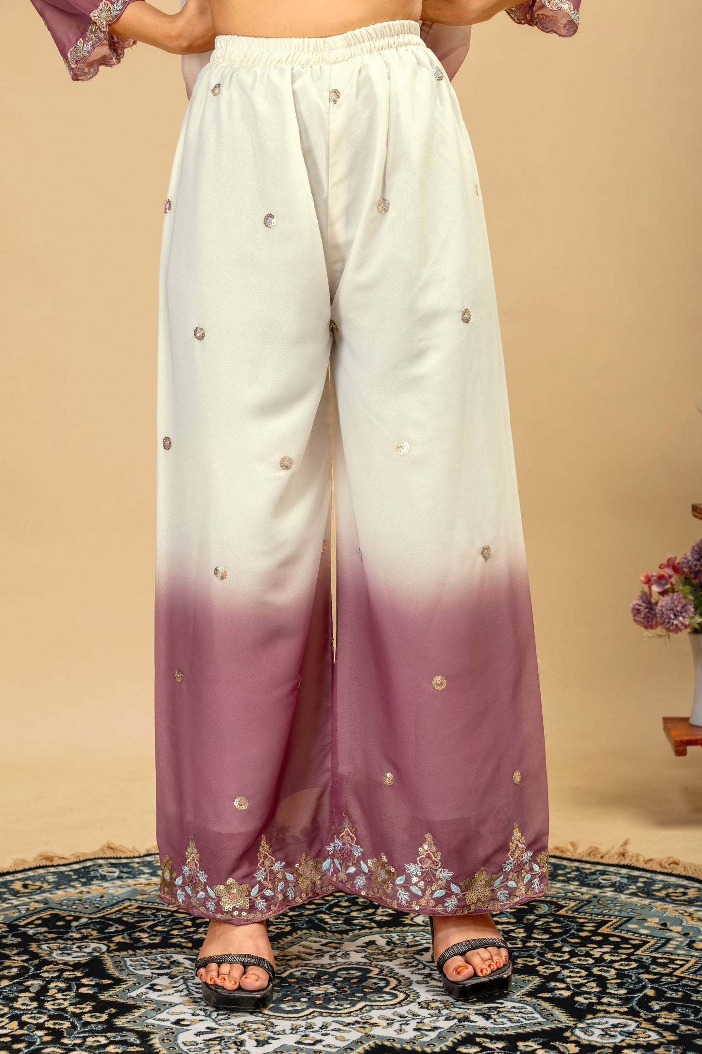 Wedding & Festive Wear Georgette Kurti Palazzo Set with Embroidered Zari Dupatta