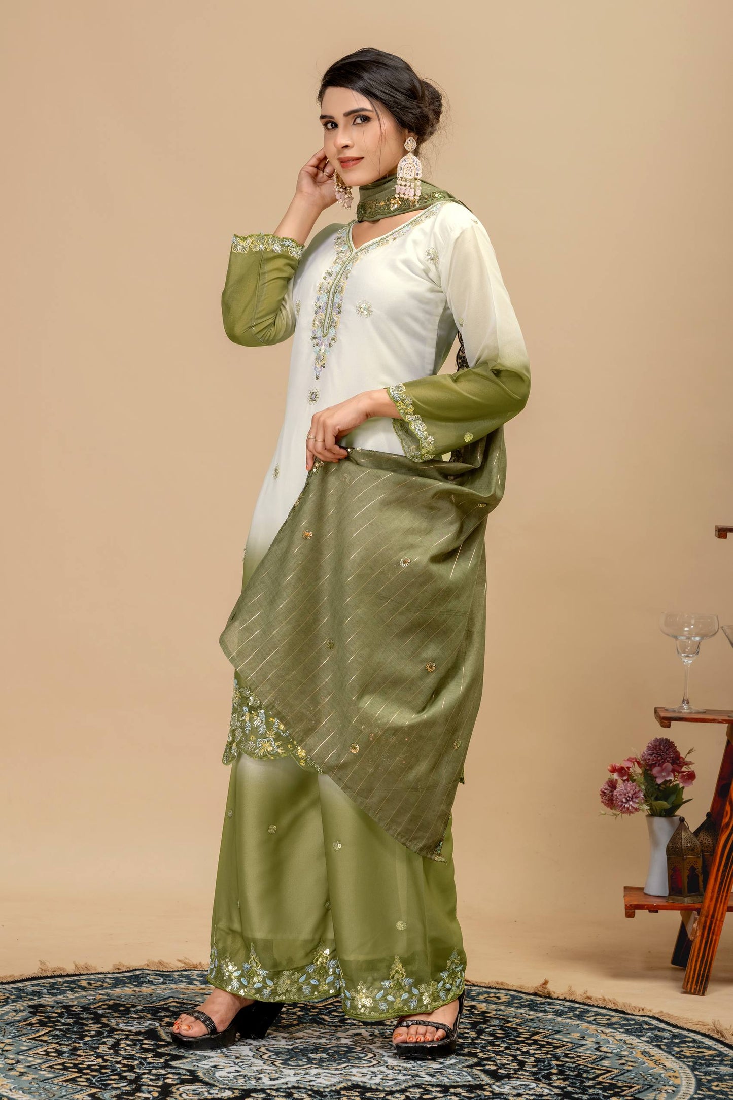 Wedding & Festive Wear Georgette Kurti Palazzo Set with Embroidered Zari Dupatta