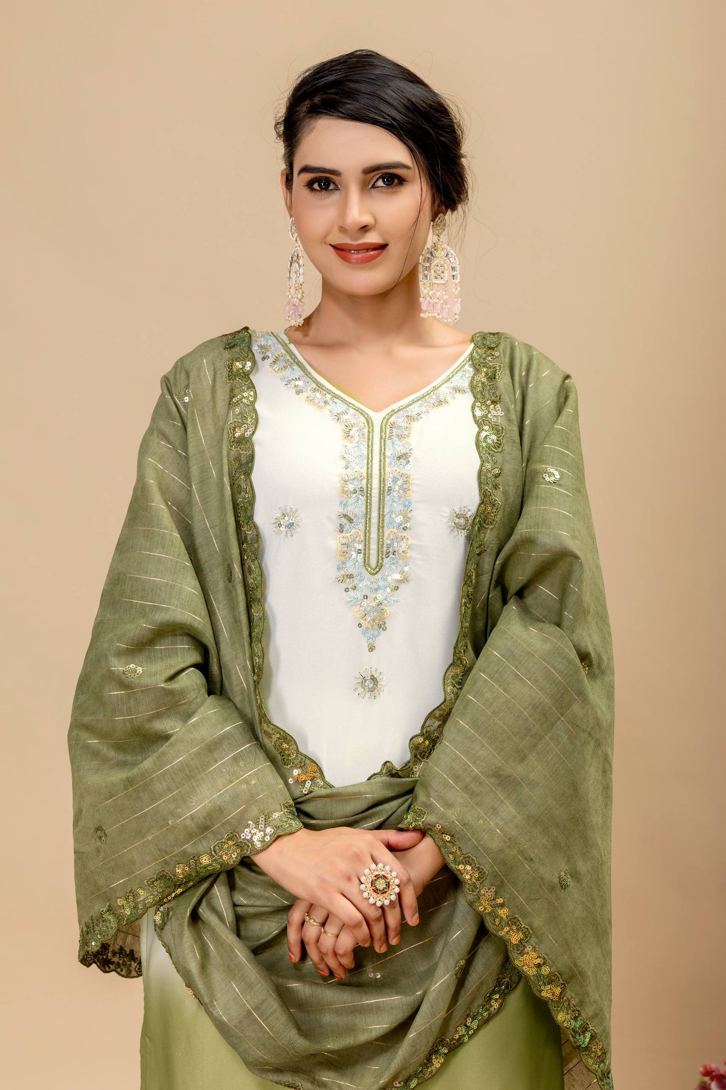 Wedding & Festive Wear Georgette Kurti Palazzo Set with Embroidered Zari Dupatta