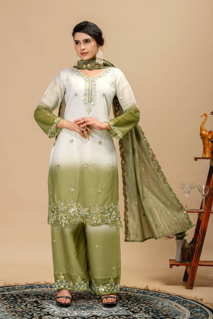Wedding & Festive Wear Georgette Kurti Palazzo Set with Embroidered Zari Dupatta