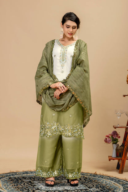 Wedding & Festive Wear Georgette Kurti Palazzo Set with Embroidered Zari Dupatta