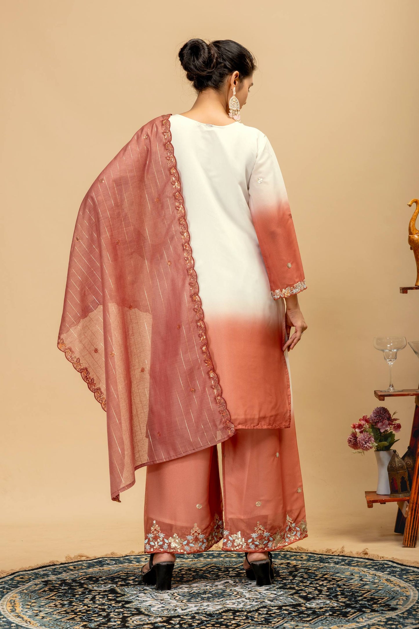 Wedding & Festive Wear Georgette Kurti Palazzo Set with Embroidered Zari Dupatta