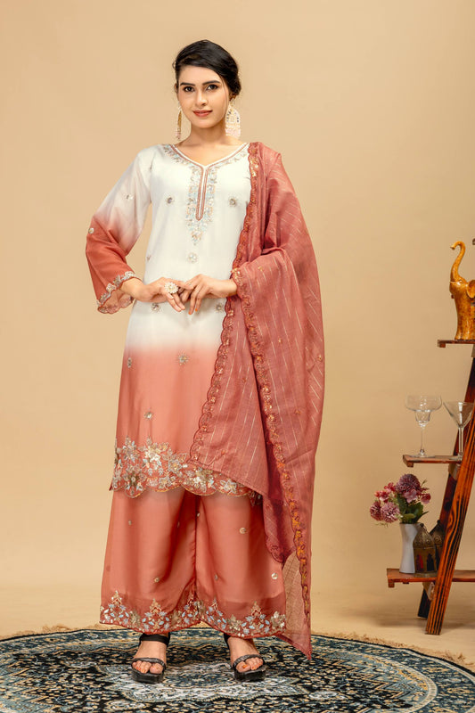 Wedding & Festive Wear Georgette Kurti Palazzo Set with Embroidered Zari Dupatta