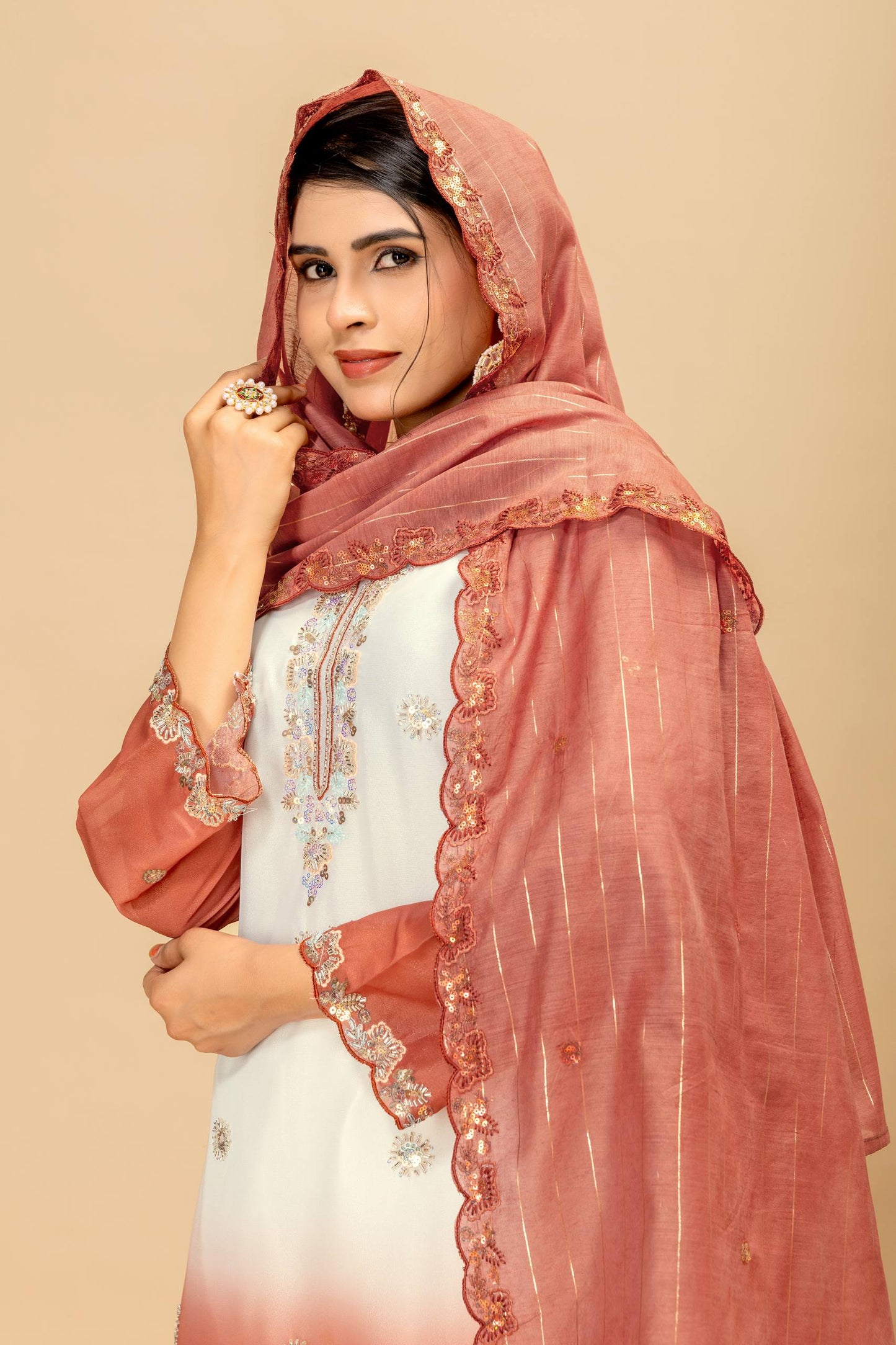 Wedding & Festive Wear Georgette Kurti Palazzo Set with Embroidered Zari Dupatta