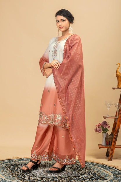 Wedding & Festive Wear Georgette Kurti Palazzo Set with Embroidered Zari Dupatta