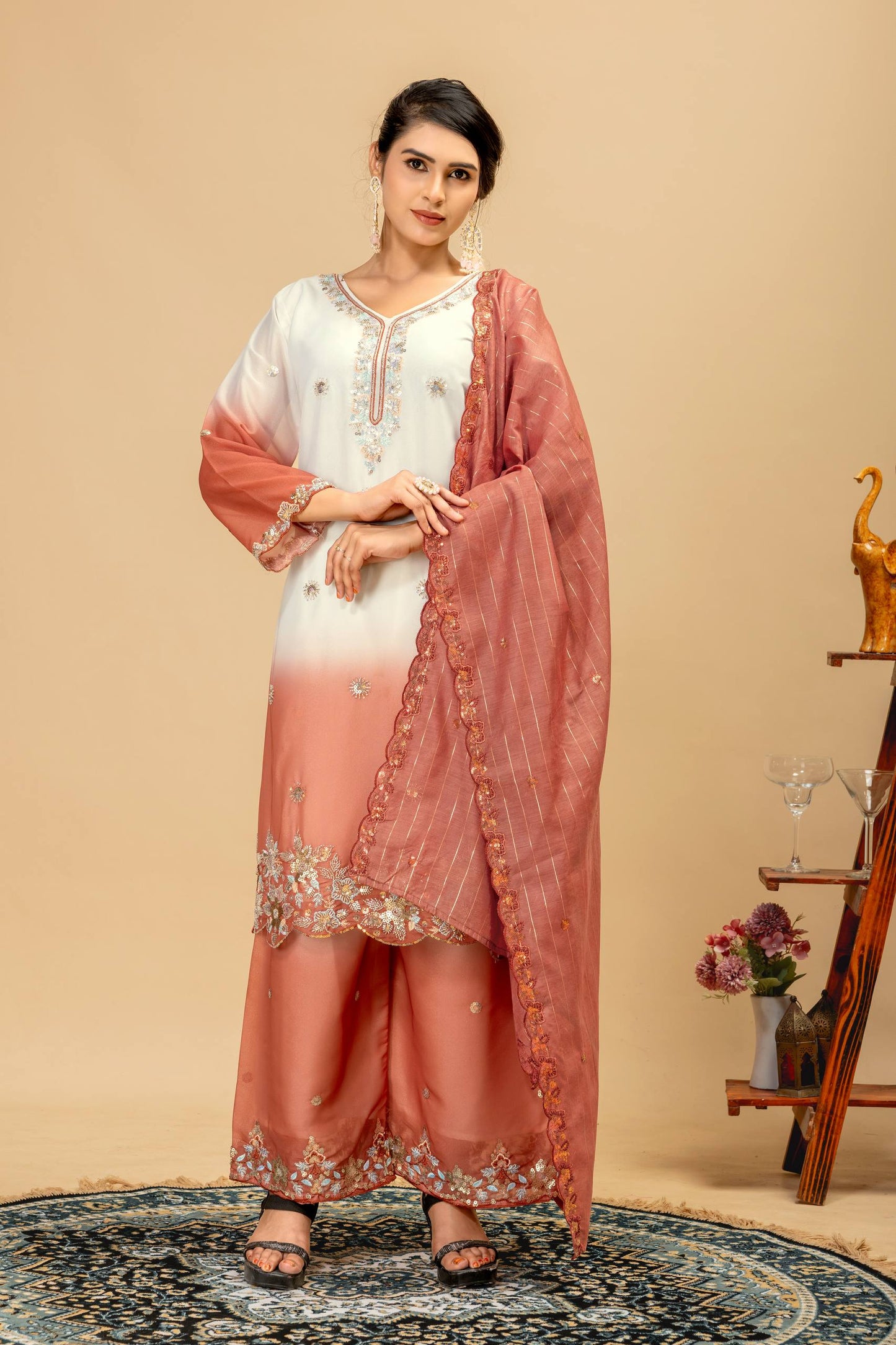 Wedding & Festive Wear Georgette Kurti Palazzo Set with Embroidered Zari Dupatta