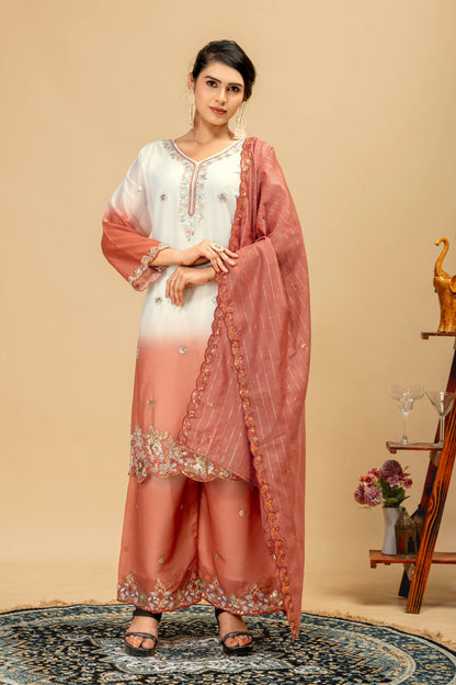 Wedding & Festive Wear Georgette Kurti Palazzo Set with Embroidered Zari Dupatta