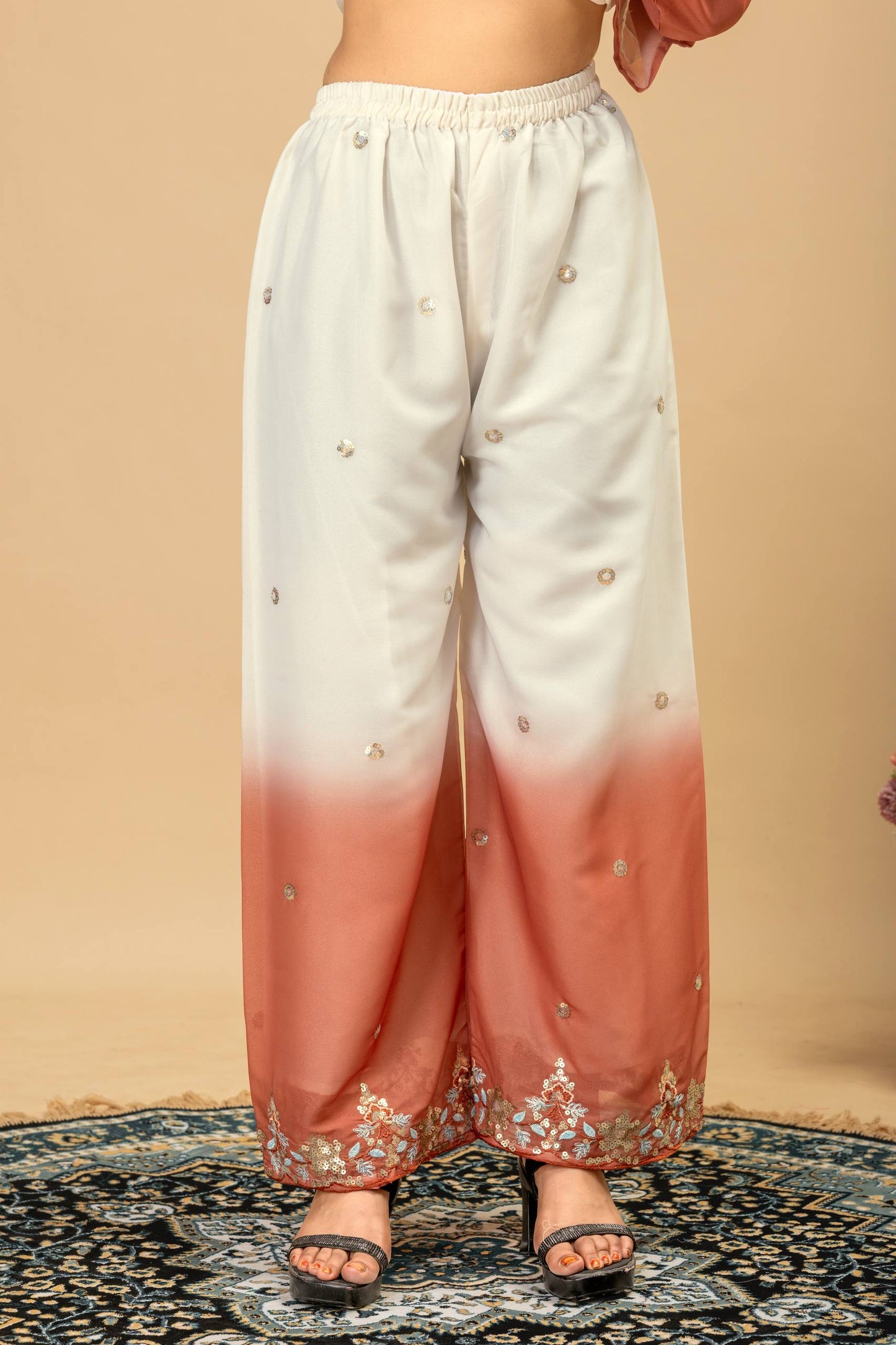 Wedding & Festive Wear Georgette Kurti Palazzo Set with Embroidered Zari Dupatta