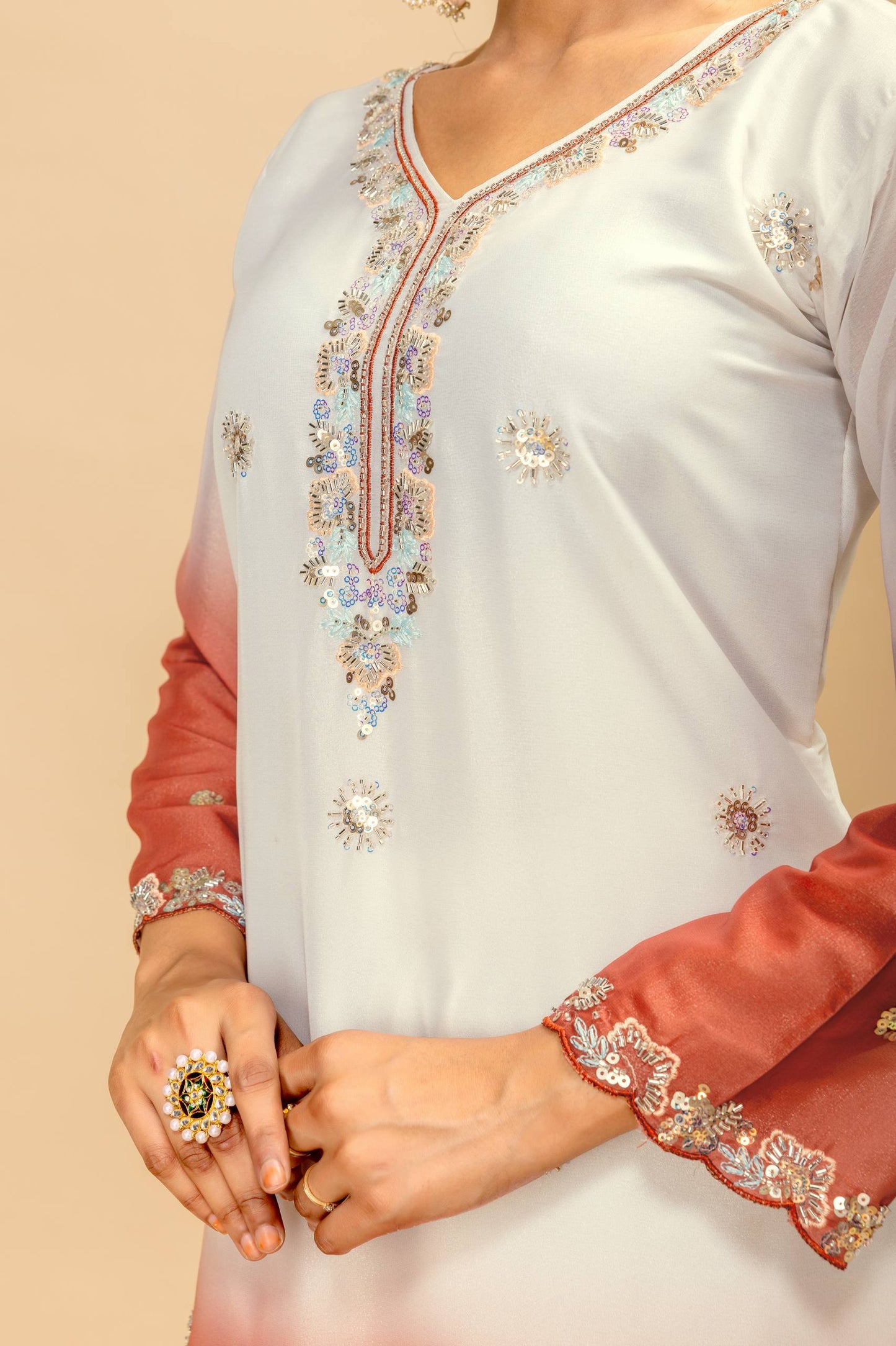 Wedding & Festive Wear Georgette Kurti Palazzo Set with Embroidered Zari Dupatta