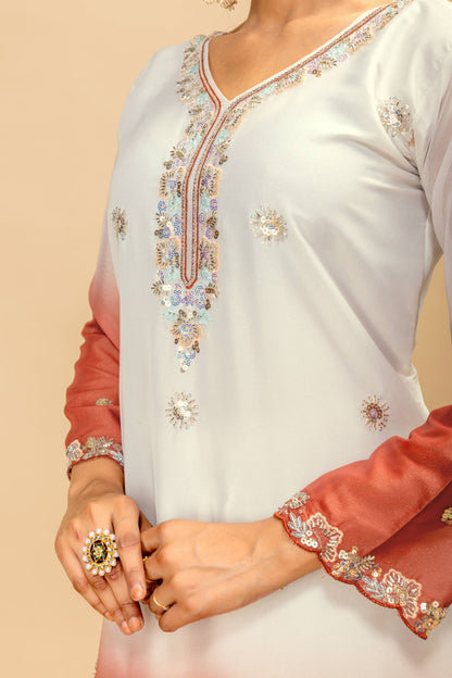 Wedding & Festive Wear Georgette Kurti Palazzo Set with Embroidered Zari Dupatta