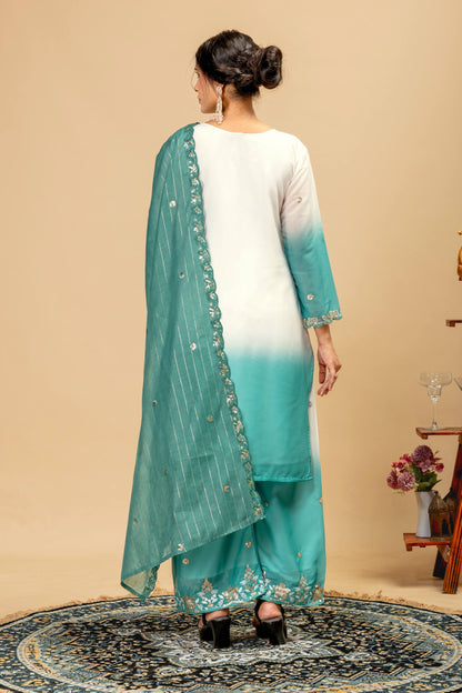 Wedding & Festive Wear Georgette Kurti Palazzo Set with Embroidered Zari Dupatta