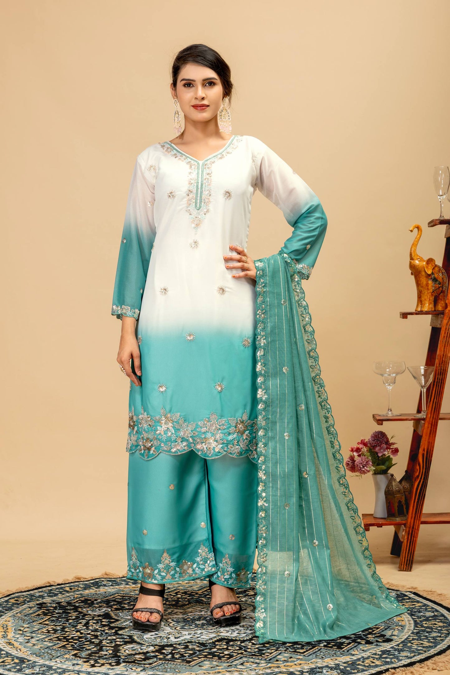 Wedding & Festive Wear Georgette Kurti Palazzo Set with Embroidered Zari Dupatta