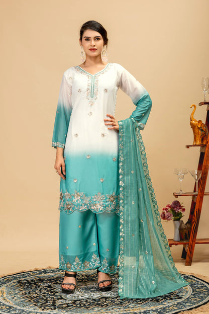 Wedding & Festive Wear Georgette Kurti Palazzo Set with Embroidered Zari Dupatta