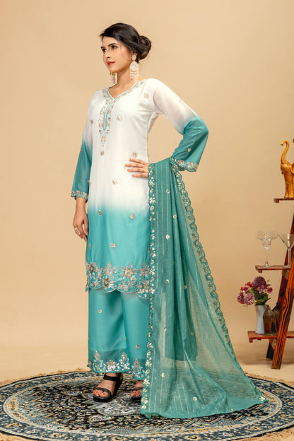Wedding & Festive Wear Georgette Kurti Palazzo Set with Embroidered Zari Dupatta